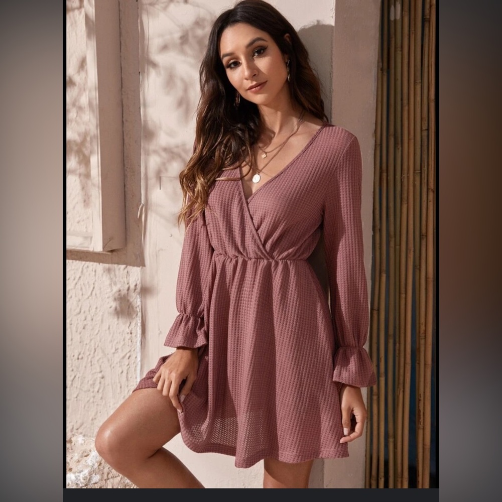 Shein Flounce Long Sleeve Waffle Knit Surplice Dusty Rose Dress Size Large
